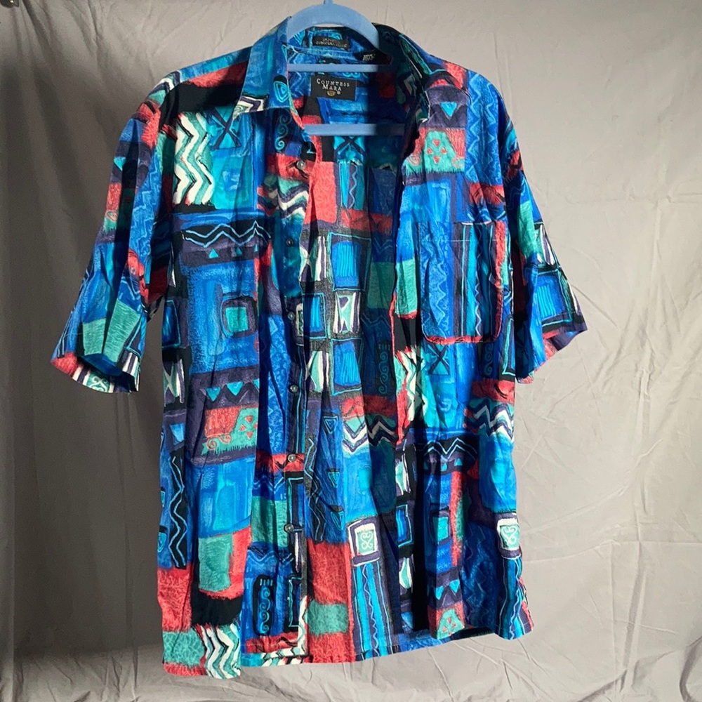 Countess Mara - men’s abstract button down short sleeve shirt - men’s medium